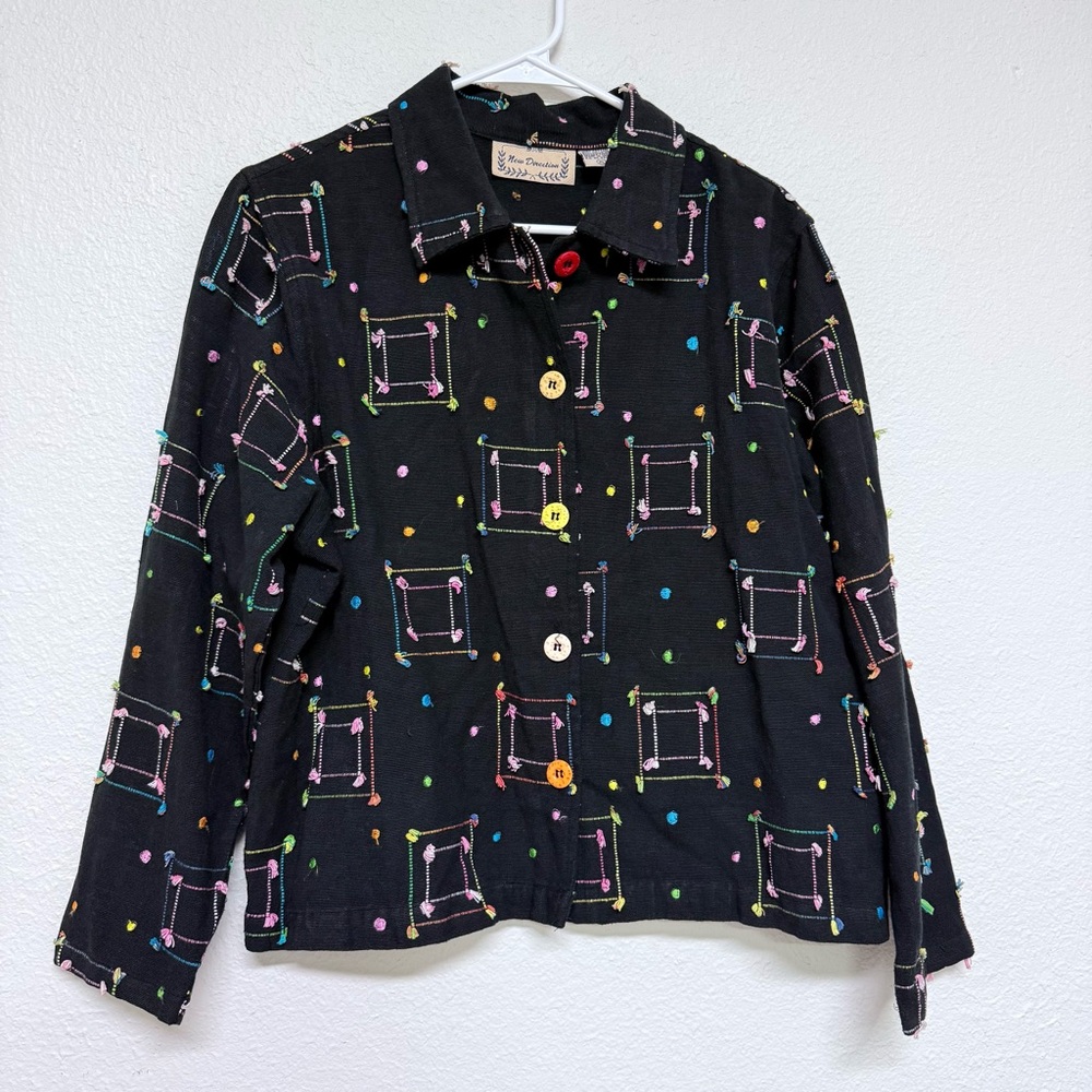 New Direction Embroidered Rainbow Squares Art To Wear Button Front Shacket XL